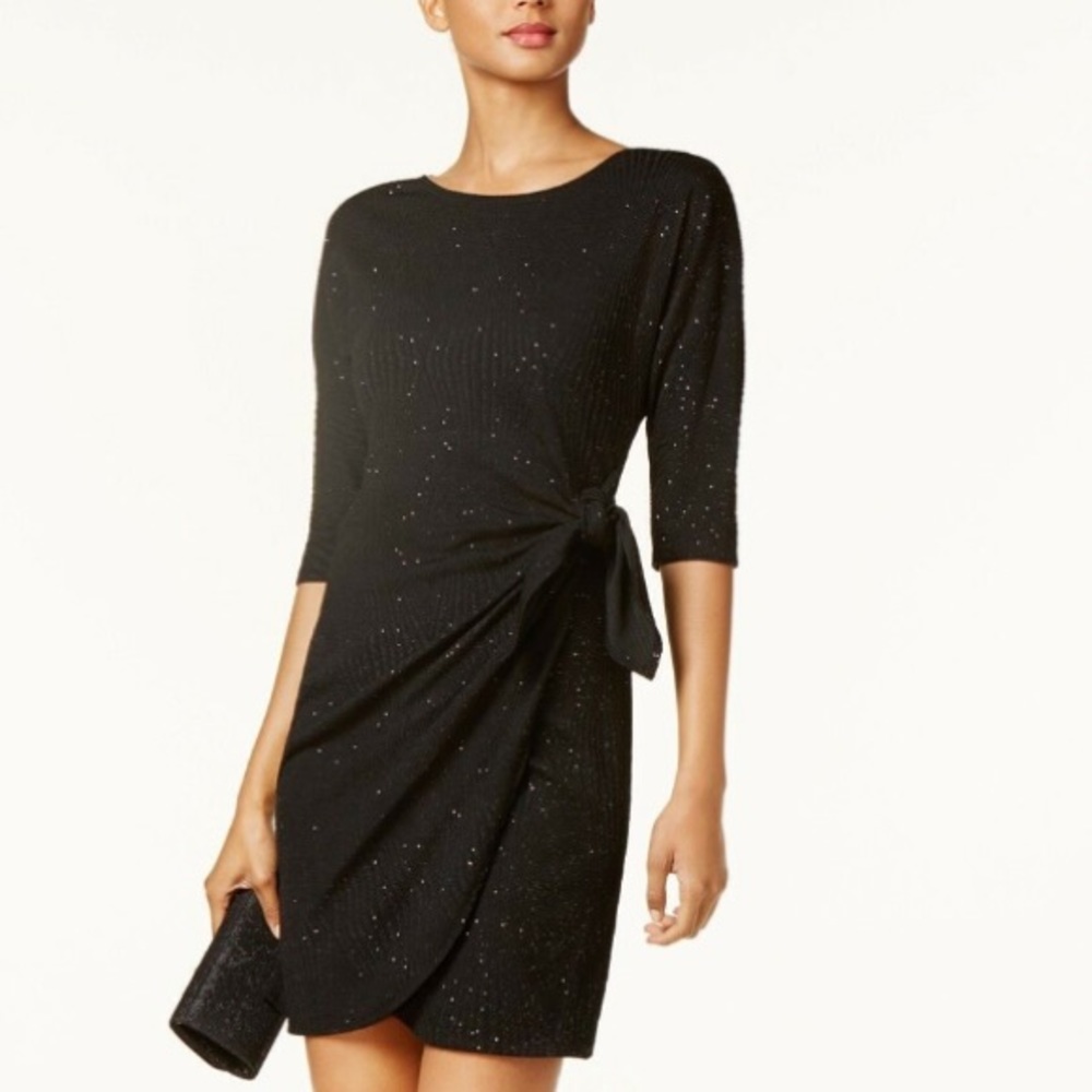 Designer Robbie Bee Black Sparkle Knit Wrap Dress